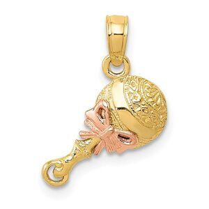 14k Two Tone Gold 2D Baby Rattle Pendant, 14mm (9/16 inch)
